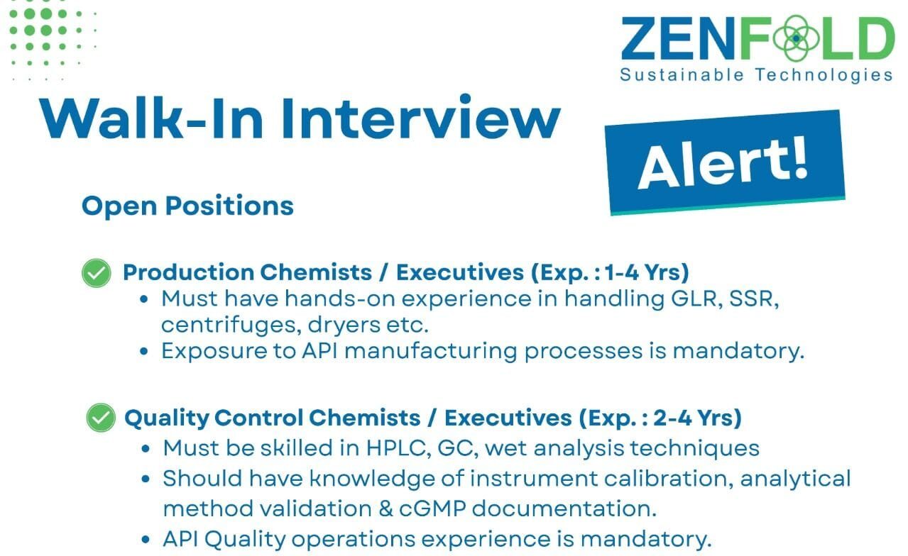 Walk-In Interview for Pharma Professionals at Zenfold Sustainable Technologies