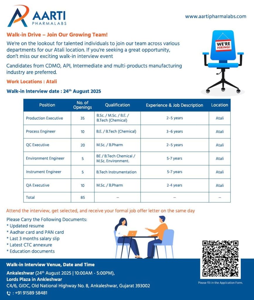 Aarti Pharmalabs Walk-in Interview
