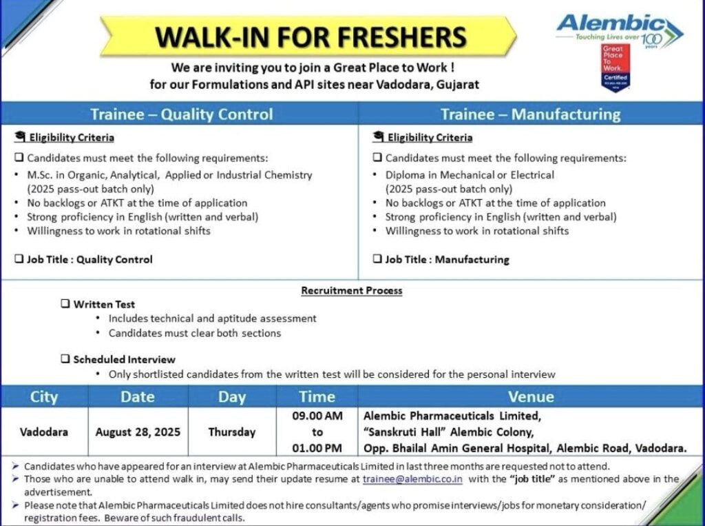 Walk-in Interview for Freshers at Alembic Pharmaceuticals