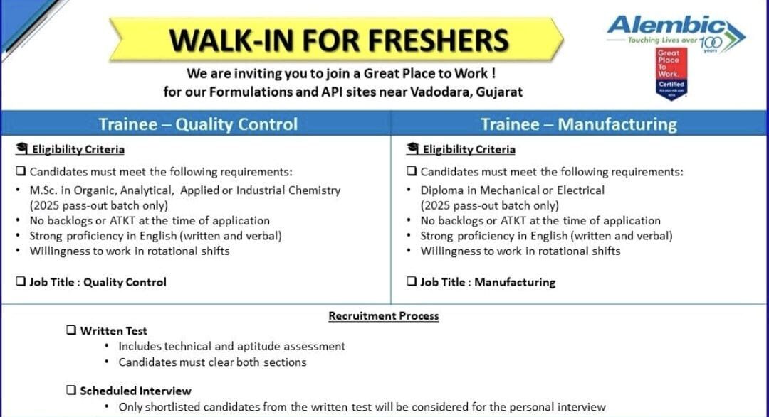 Walk-in Interview for Freshers at Alembic Pharmaceuticals