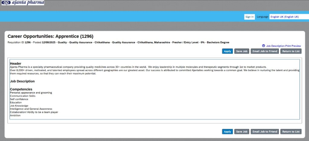 Ajanta Pharma job vacancy