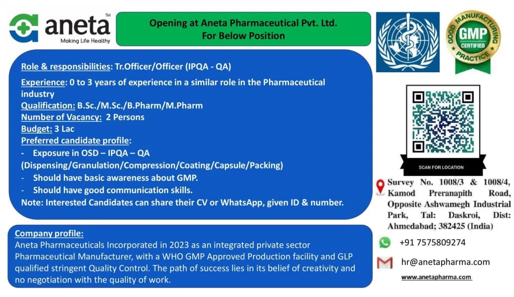 Join Aneta Pharmaceutical as an IPQA-QA Officer in Ahmedabad