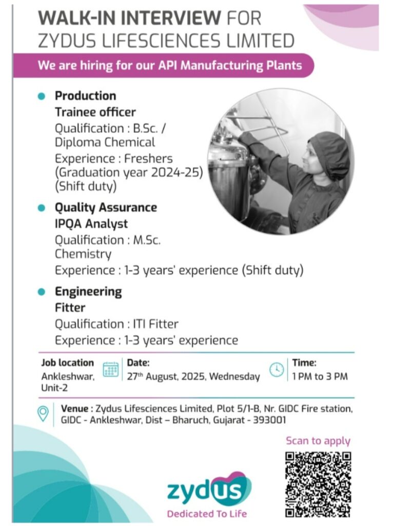 Walk-in Interview for API Manufacturing
