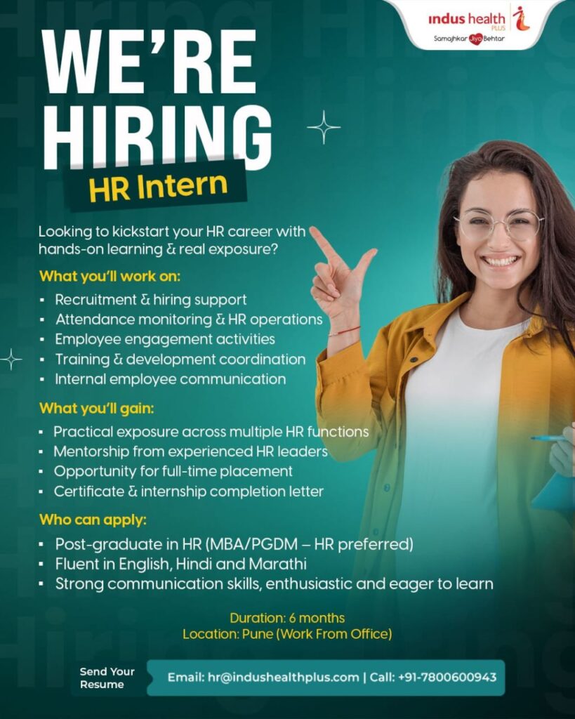 HR Intern Position at Indus Health Plus, Pune