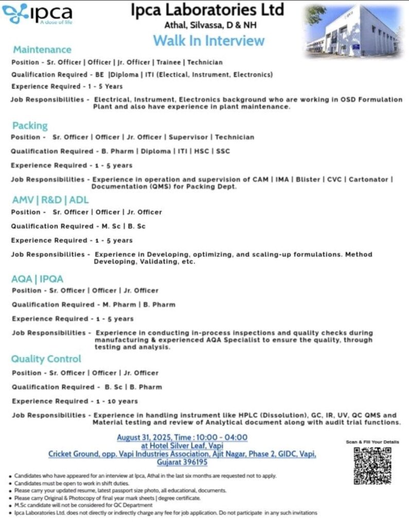 Ipca Laboratories Walk-In Interview Vapi