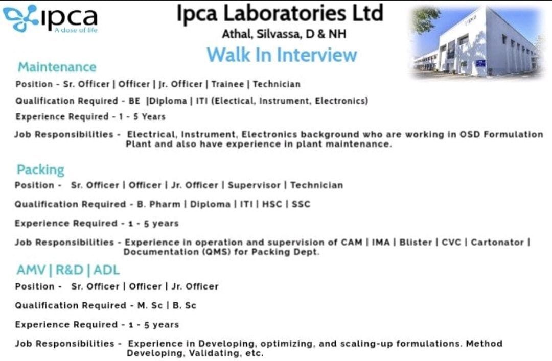 Ipca Laboratories Walk-In Interview Vapi