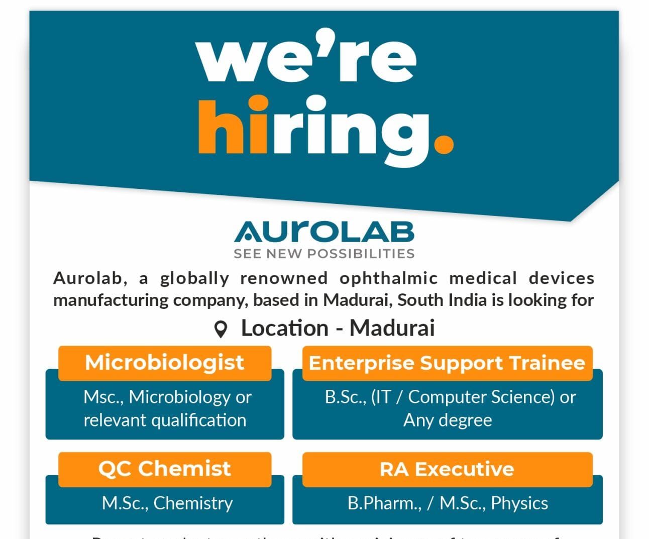 Aurolab Hiring for Various Roles in Madurai