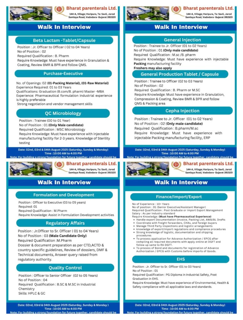 Bharat Parenterals Ltd Walk-In Interview August 2025