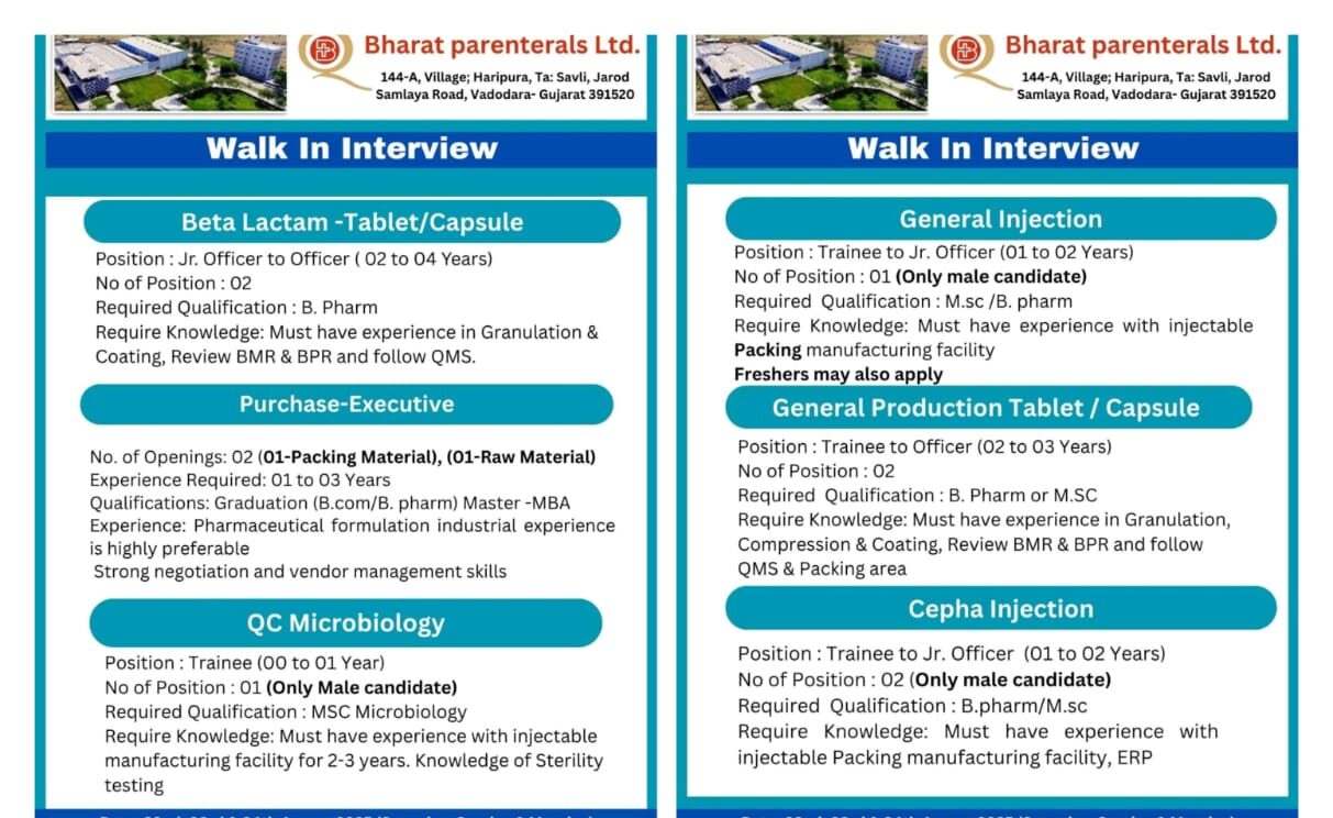 Bharat Parenterals Ltd Walk-In Interview August 2025