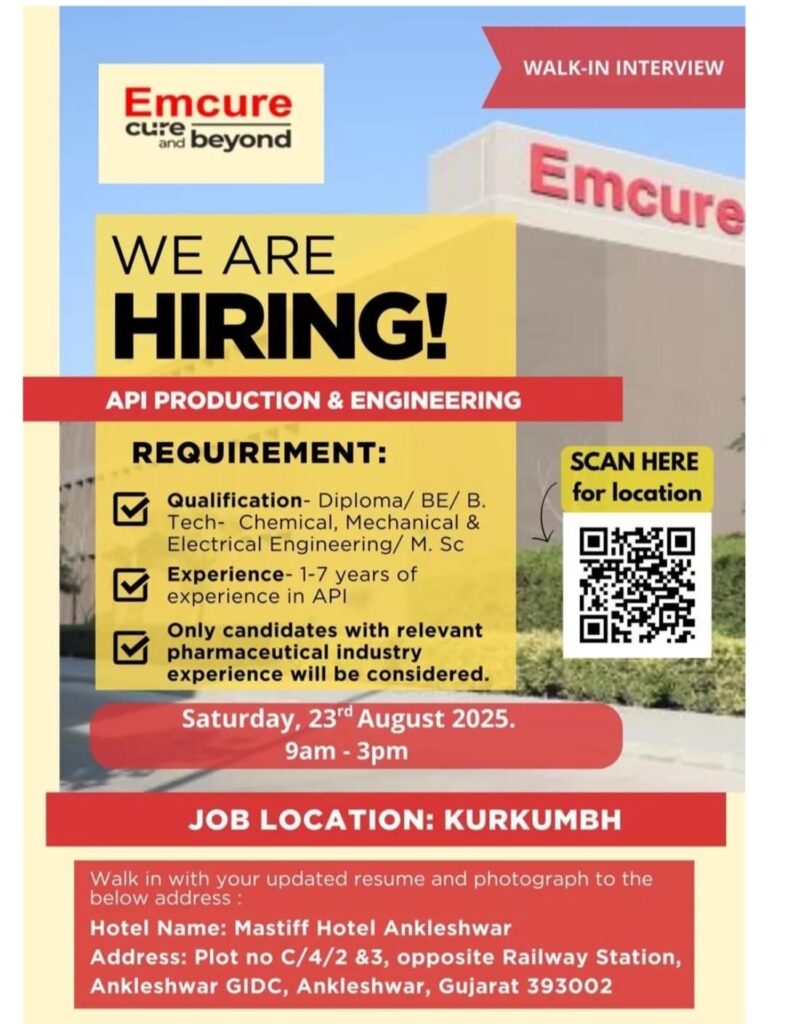 Emcure is Hiring for API Production & Engineering in Kurkumbh