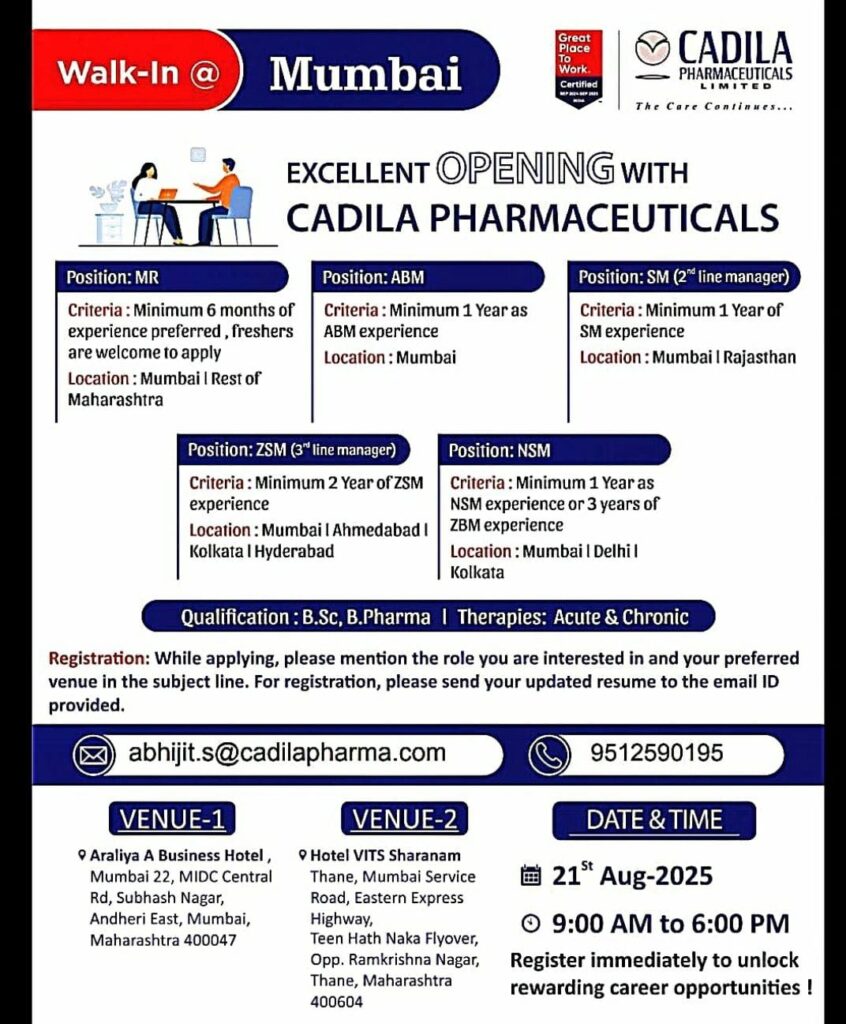 Excellent Job Openings at Cadila Pharmaceuticals