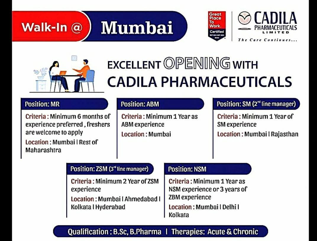 Excellent Job Openings at Cadila Pharmaceuticals