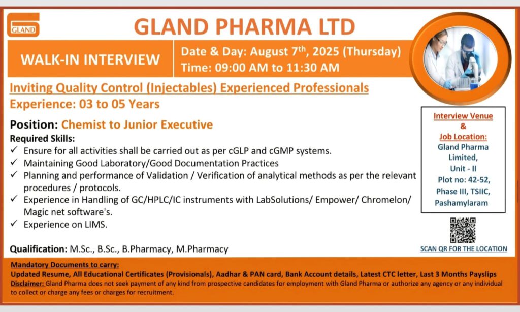 Gland Pharma Walk-In Interview Hyderabad 2025