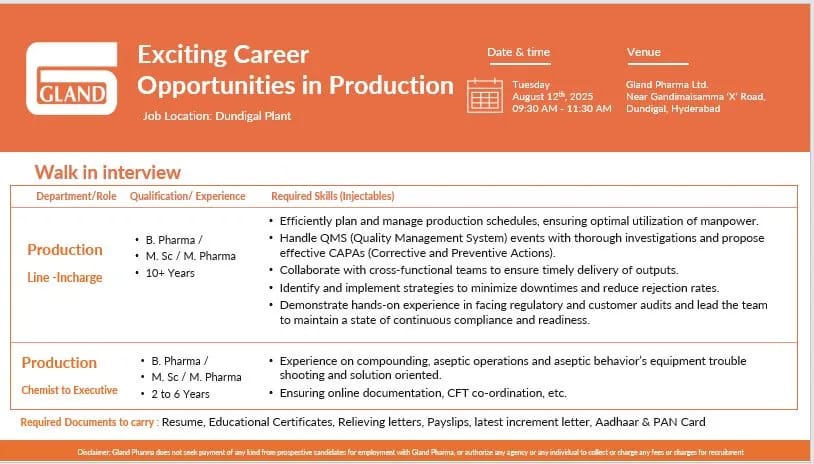 Gland Pharma Walk-in Interview