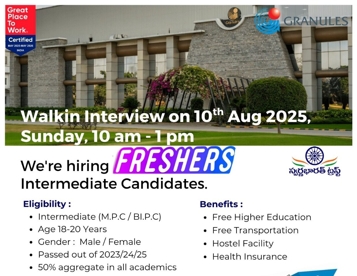 Granules India Freshers Walk-In Interview Hyderabad – August 2025