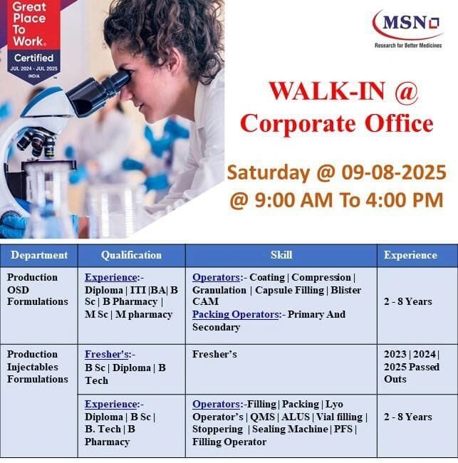 MSN Laboratories Walk-In Interview 2025