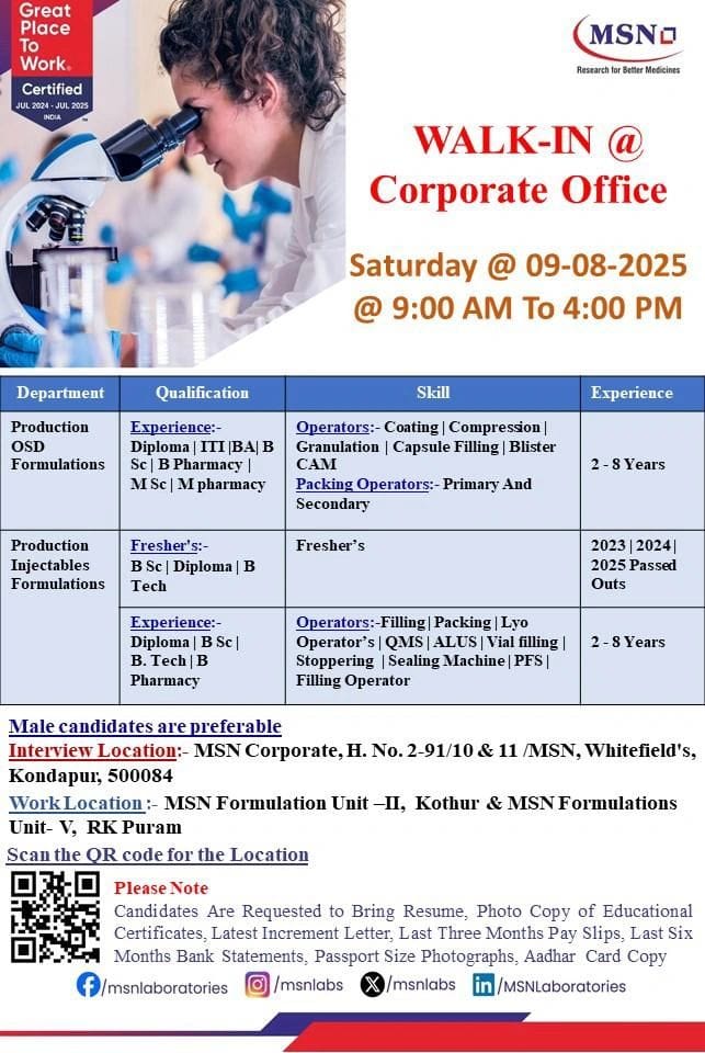 MSN Laboratories Walk-In Interview 2025