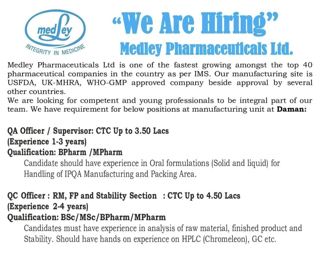 Medley Pharmaceuticals Walk-In Interview Daman – August 2025