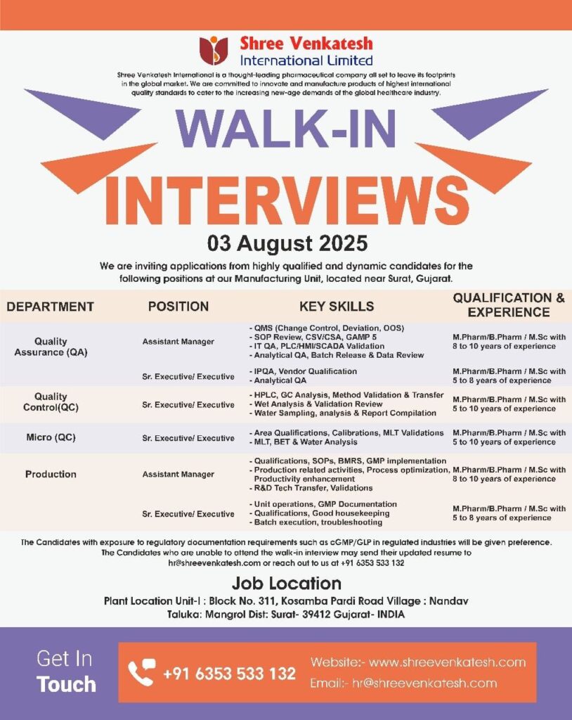 Shree Venkatesh Pharma Walk-In Interview Surat 2025