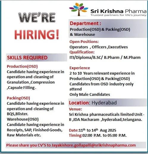 Sri Krishna Pharma Job Vacancy