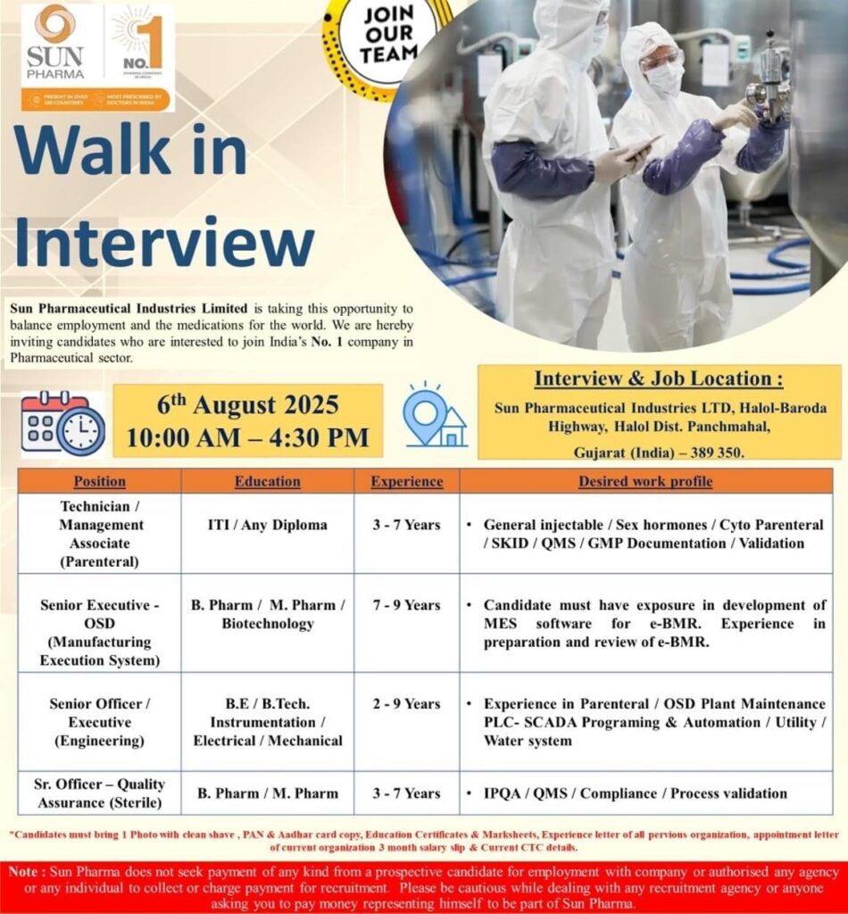 Sun Pharma Walk-In Interview Halol August 2025