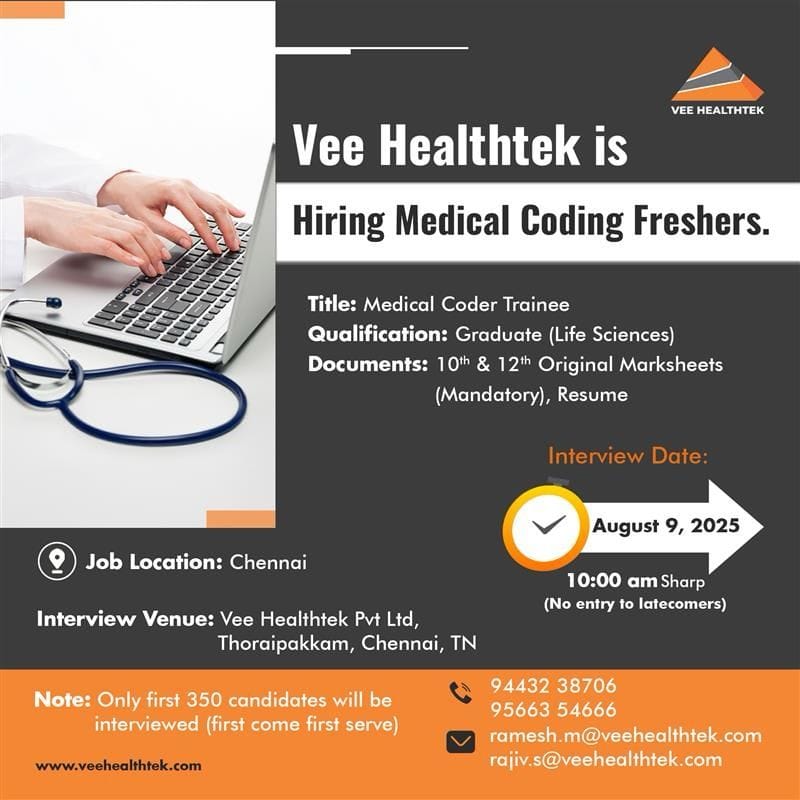 Vee Healthtek Medical Coding Fresher Walk-In 2025