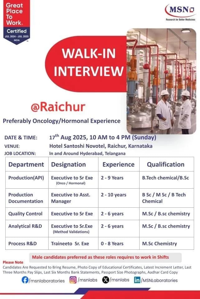 Walk-In Interview in Raichur for Oncology/Hormonal Experience