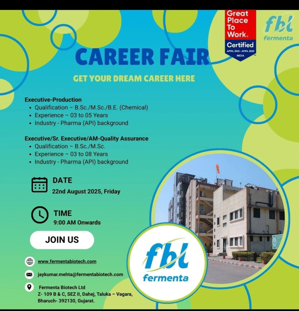Fermenta Biotech ltd hiring for production & QA