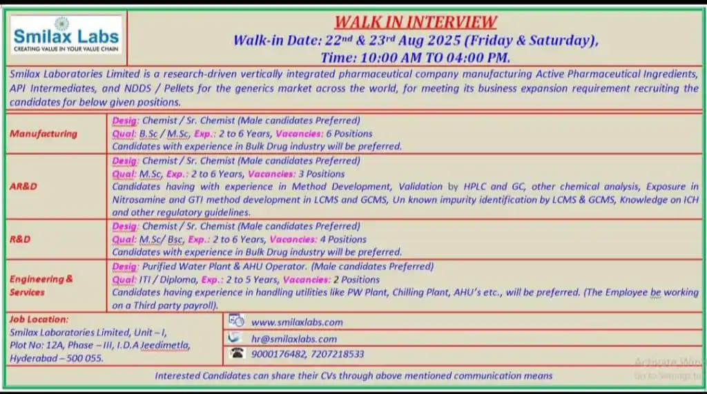 Walk-in Interview Opportunity at Smilax Labs
