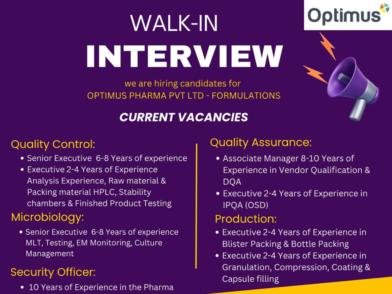 Optimus Pharma Walk-in Interview 23 August