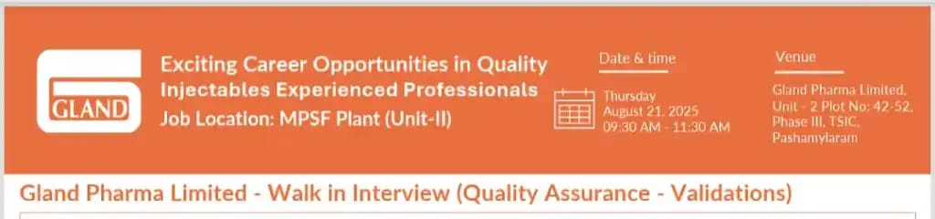 Quality Assurance Validation Professional at Gland Pharma