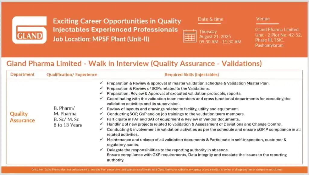 Quality Assurance Validation Professional at Gland Pharma 