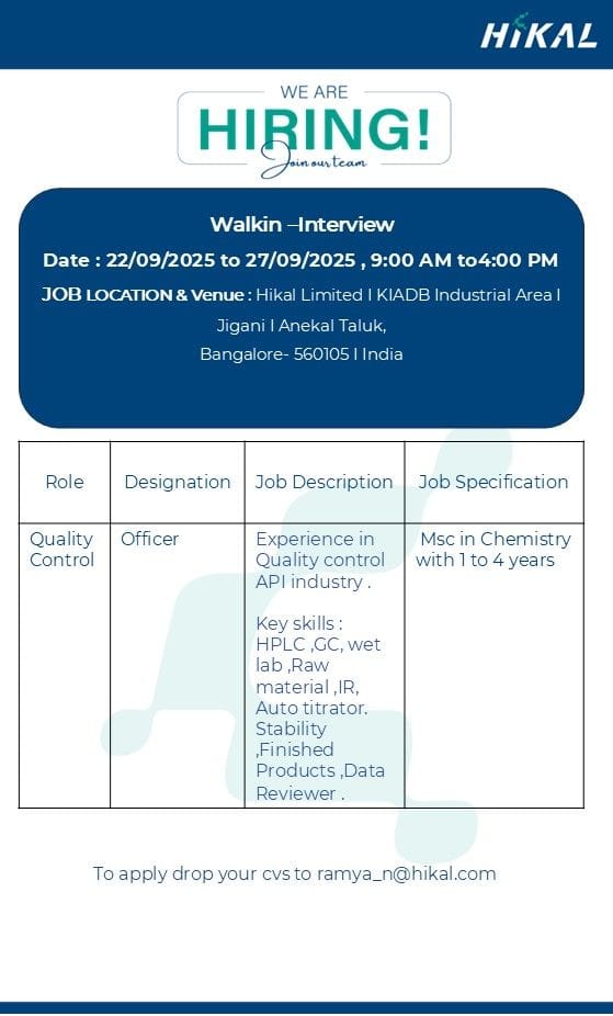 10+ QC Officer Vacancies in Bangalore