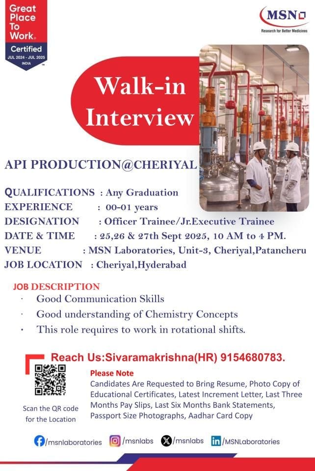 100+ API Production Vacancies in Hyderabad