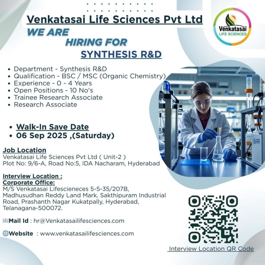Walk-in Interview for Synthesis R&D at Venkatasai Life Sciences