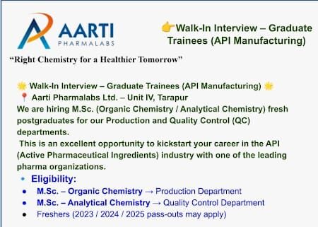 Aarti Pharmalabs Walk-In Interview