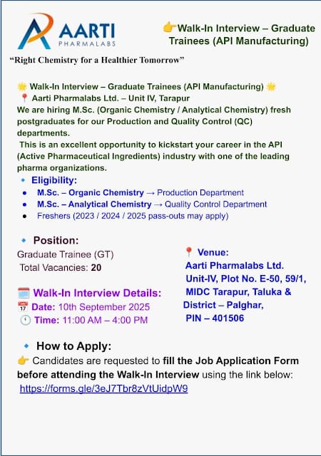 Aarti Pharmalabs Walk-In Interview