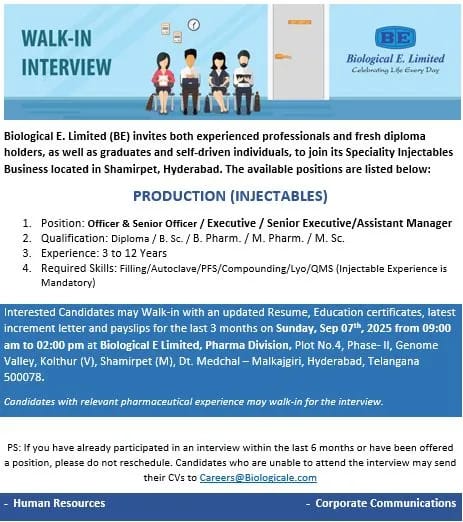 Walk-in Interview for Production Roles