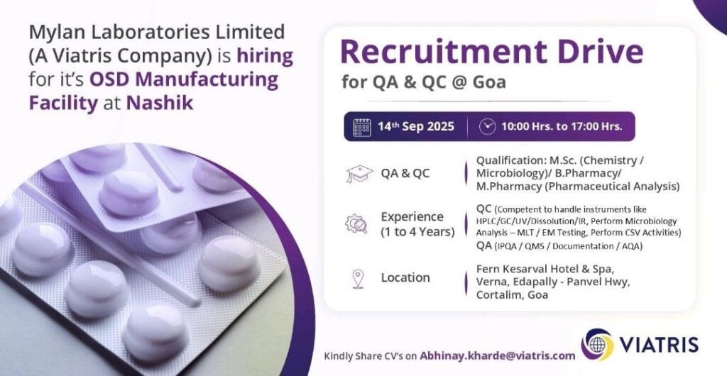 5+ QA & QC job openings at Mylan Laboratories Goa