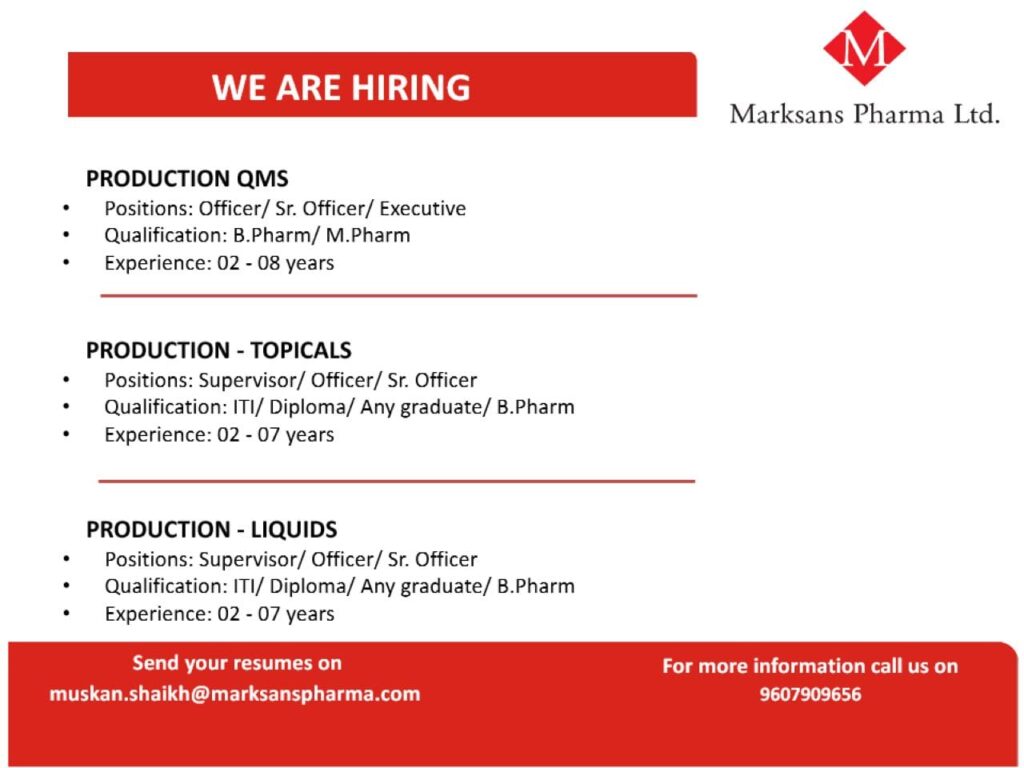 Job Vacancies at Marksans Pharma