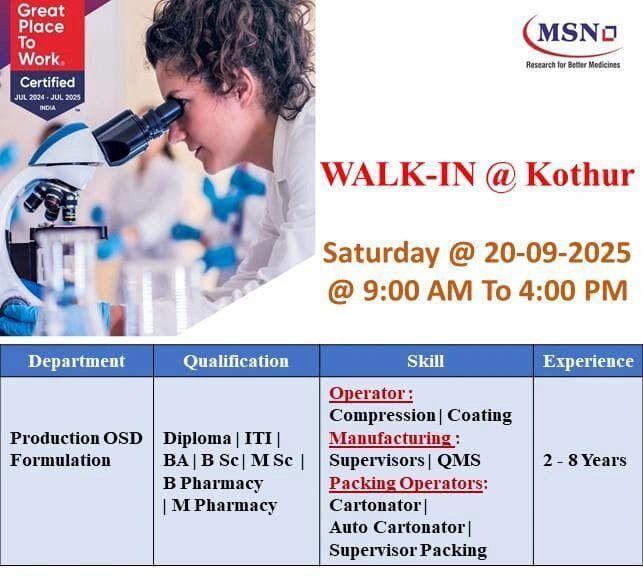 MSN Laboratories Walk-in Job Vacancy 2025