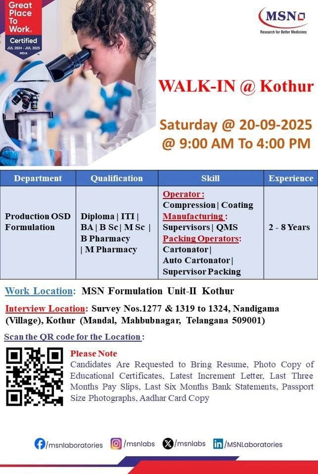 MSN Laboratories Walk-in Job Vacancy 2025