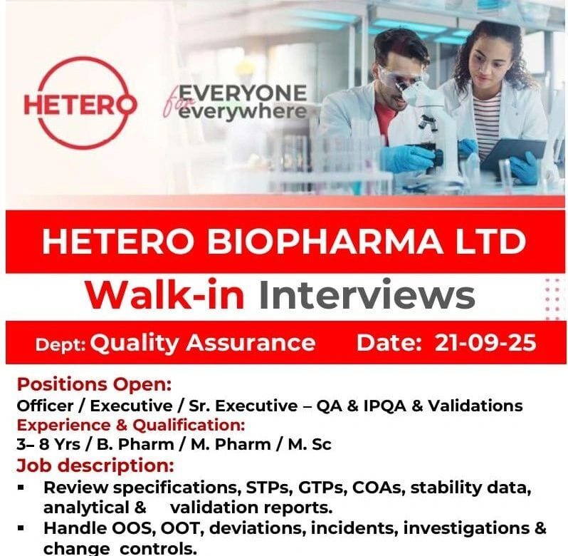 Hetero Biopharma Job Vacancy 2025