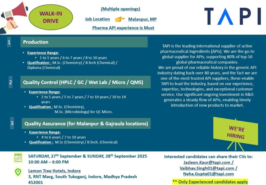 API Pharma Jobs in Malanpur for Experienced Professionals 2025