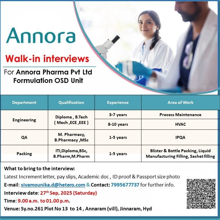 Annora Pharma Walk-in Interviews 2025