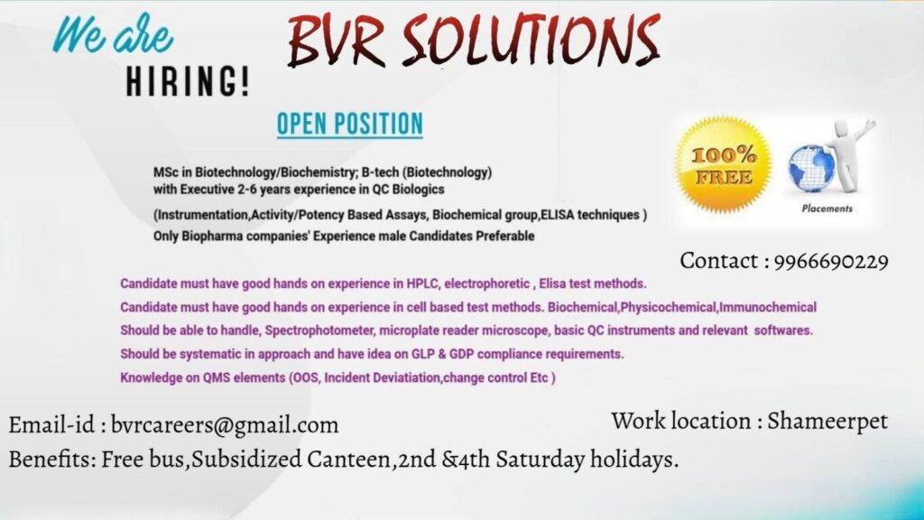 BVR Solutions Pharma Job Vacancy 2025