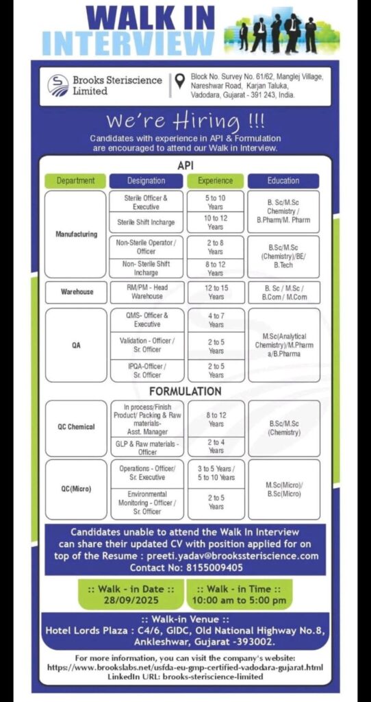 Brooks Steriscience Job Vacancies 2025