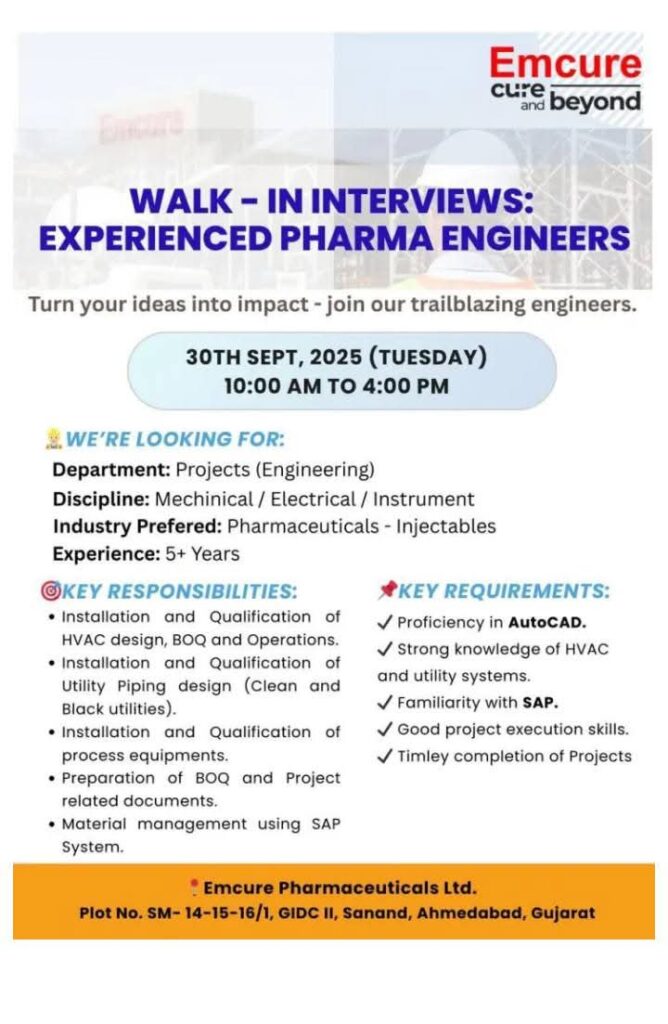Emcure Pharma Walk-In Interview 2025