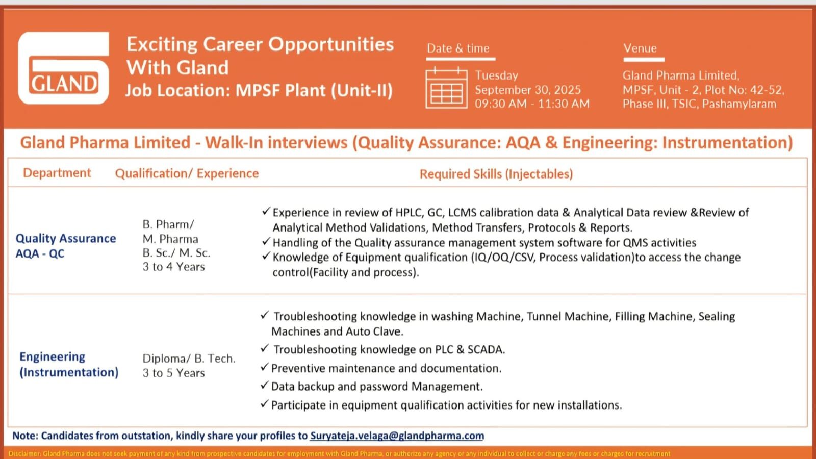 Gland Pharma Job Vacancies 2025 Hyderabad