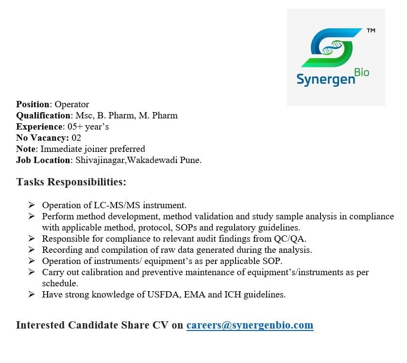 LC-MS/MS Operator Job in Pune 2 Vacancies